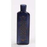 Blue glass scent bottle with etched stylised foliate and mesh decoration, 11.5cm high