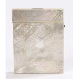 Victorian mother of pearl card case, with a scrolling etched design, 10cm high