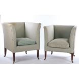 Pair of Regency easy chairs, upholstered in a light blue material with rust coloured stitching, with