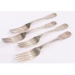 Four Victorian silver table forks, Newcastle 1839, maker John Walton or John Wright, with shell