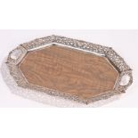 Italian silver mounted tray, with pierced border and carrying handles, 37cm wide