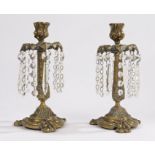 Pair of 19th Century gilt bronze candle lustres, the acanthus leaf cast sconces and pierced drip