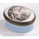 18th Century enamel patch box, of oval form, the lid with depiction of a seated lady with her dog