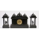 Victorian black slate clock garniture white circular enamel dial with Roman numerals. 37cm high