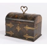 Victorian simulated walnut tea caddy, with an arched top with gilt gothic metal straps enclosing the