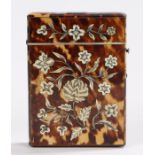 Victorian tortoiseshell and ivory inlaid card case, with ivory penwork flowers to the centre, 10cm