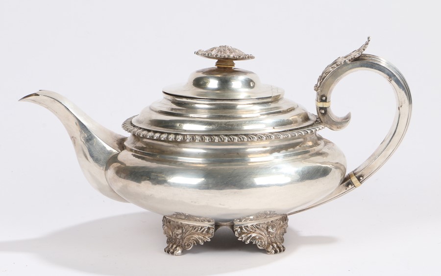 George IV silver teapot, London 1829, maker Henry Ledger, with foliate cast finial and reeded