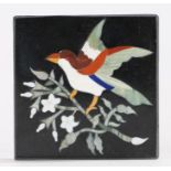 Pietra dura desk weight, inlaid with a depiction of a bird on a blossoming branch, 10cm square