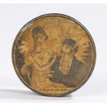 Georgian papier mache snuff box, of cylindrical form, the lid with depiction of a courting couple