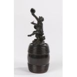 18th Century bronze and lignum vitae tobacco box, the bronze drunken figure surmounted the lid