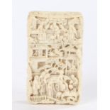 19th Century Chinese Canton ivory card case, profusely carved with figures among pagodas and