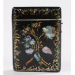 Victorian papier mache card case, with a black ground and flowers with abalone to the heads, 10.