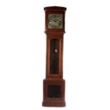 20th Century mahogany longcase clock, the hood with triangular pediment, the silvered dial with