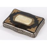 19th Century continental silver snuffbox, the tortoiseshell cover with central carved ivory panel