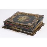 Victorian papier mache writing slope, the slope with panel effect centre painted with a bouquet of