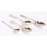 Two Victorian silver dessert spoons, Victorian silver teaspoon, Russian silver teaspoon, 3.3oz (4)