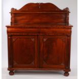 Victorian mahogany chiffonier, the scrolled upstand with shelf, raised on scrolled supports, with