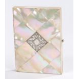 Victorian mother of pearl and silver card case, the diamond pattern exterior with central vacant