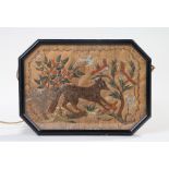 Micmac Native American birch bark picture, of a fox below trees with birds, 22cm wide