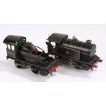 Hornby, two clock work locomotives, in black 3 82011, one missing the front section, (2)