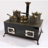 Child's tin plate Kitchen Stove, with pots and a kettle, the stove 32cm wide