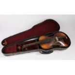 19th Century full sized violin with a two piece back and case, '1891' marked to the back