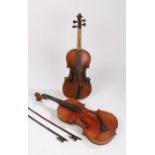 Violin, two piece case back, together with another and two bows, the violins without labels, (4)