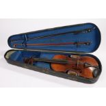 Violin, signed Hope to the single piece case back, full size, cased with two bows