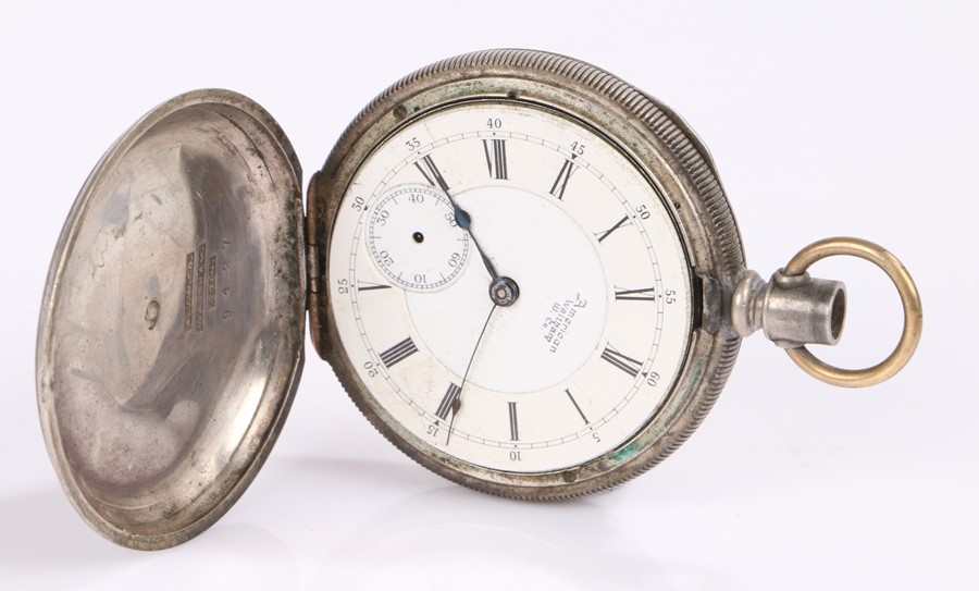 American Waltham Watch Co hunter pocket watch, the white metal case with vacant circular