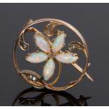 Yellow metal opal and diamond brooch, the circular open brooch with leaves set with diamonds and the