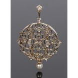 Edwardian pearl and diamond set pendant, with foliate and angled swags, 50mm long