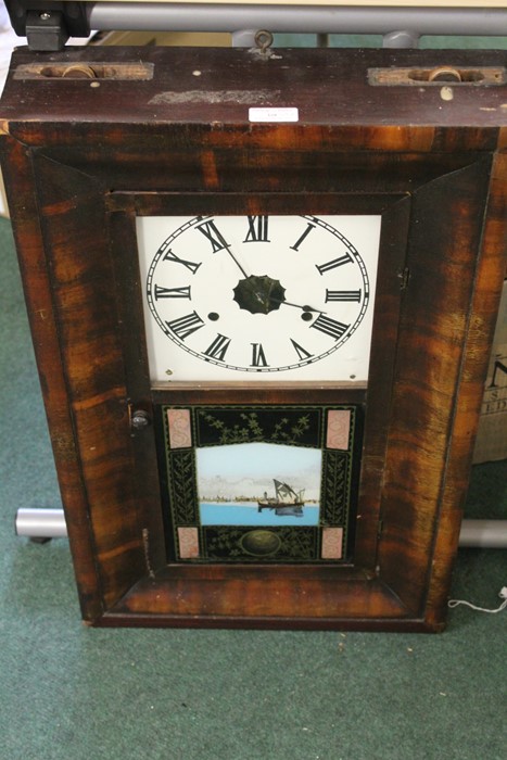 Jerome & Co American wall clock, the dial with Roman numerals above a panel painted with depiction