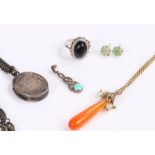 Jewellery to include gold coloured metal necklace with orange drop pendant, silver locket and chain,