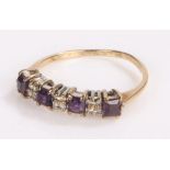 9 carat gold ring, the bar head set with amethysts and diamonds ring size N 1/2