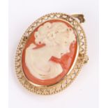 9 carat gold cameo brooch/pendant, the central panel depicting a lady in profile, with hanging loop,