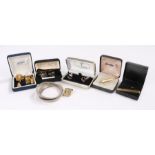 Collection of gold plated and white metal cufflinks, Stratton and other tie pins and clips,