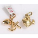 Two 9 carat gold charms, to include a heart and cross and a fish