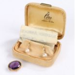 Pair of 9 carat white gold peal earrings and a yellow metal and amethyst brooch / pendant (2)