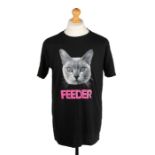 Ed Sheeran's black T-shirt, printed with a cat's face above the word "FEEDER" in pink, size large.