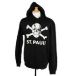 Ed Sheeran's St. Pauli black hoodie with printed skull and crossbones logo, size medium. All of