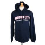 Ed Sheeran's Adidas blue hoodie printed in white and red "MOTOR CITY DETROIT PISTONS", size