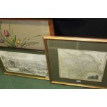 Framed map of Yorkshire, panoramic view of Prague, needlework picture depicting a vase of flowers (