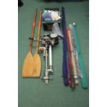 British seagull outboard motor, collection of fishing rods, reels, bait boxes, rod holders,