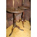 Edwardian wine table, with fan marquetry inlaid circular top on a turned gadrooned stem and tripod