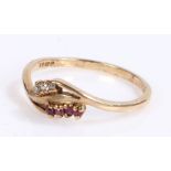 9 carat gold ring, with a cross over stone set design, ring size T