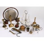 Plated cruet containing two glass bottles, plated sugar bowl, table dinner gong, brass table bell,