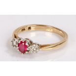 9 carat gold ring with central ruby flanked by two diamonds, ring size O1/2, 2.7g