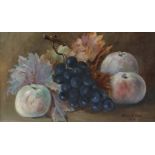 Hilda Dee, still life study of black grapes, apples and leaves, signed oil on canvas dated 1938,