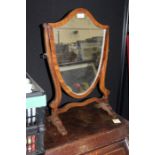 Sheraton style shield shaped dressing table mirror, on a skeleton frame, 37cm wide