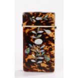 Victorian tortoiseshell and foliate mother of pearl inlaid needle case, the hinged lid opening to